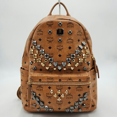 #ad MCM Stark Cognac Brown Leather Studded Backpack