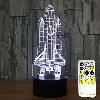 #ad 3D Space Rocket Night Light 7 Color Changing LED Table Lamp W Remote Control G