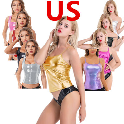 #ad US Women#x27;s Tank Top Shiny Metallic Spaghetti Strap Sleeveless Dance Camis Vest