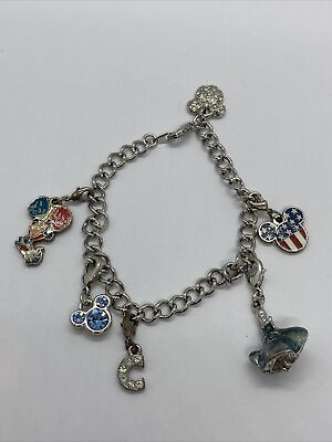 #ad Crystal Mickey Silver Bracelet Crystal Authentic Disney 7.5” Many Charms