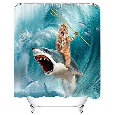 #ad 72 x 72 Funny Cat Shower Curtain Cat Riding Shark Ocean Wave Bathroom Set Fun
