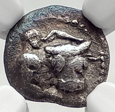 #ad LARISSA THESSALY Ancient Silver 475BC Greek Coin HERO BULL HORSE NGC i73025