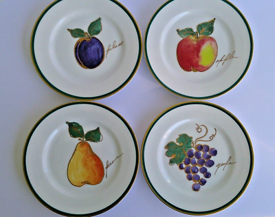 #ad Crate and Barrel Monno 8 1 2” Salad plates set of 4 Fruit green and gold rim