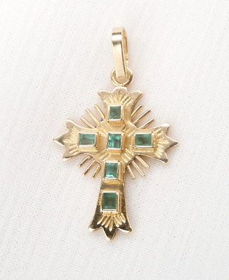 #ad Colombian Emerald Cross Pendant 0.25 Cts 18K Yellow Gold Antique Style Muzo Mine