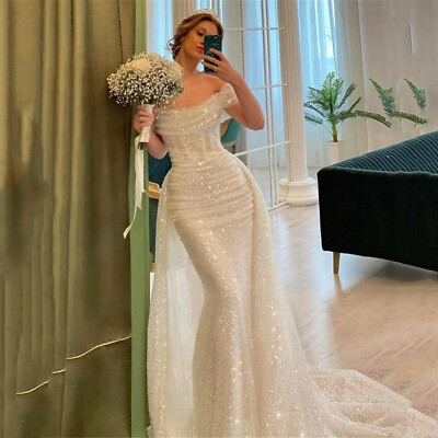 #ad Ivory Shiny Glitter Mermaid Wedding Dresses Off Shoulder Long Train Bridal Gowns