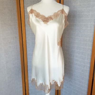 #ad Josie Natori Silk Slip Dress Ivory with Champagne Lace Trim Lingerie Size XL