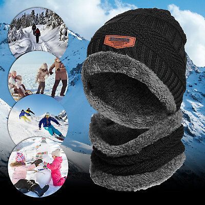 #ad Men Women Kids Winter Beanie Hat Scarf Set Fleece Warm Balaclava Snow Ski Cap US