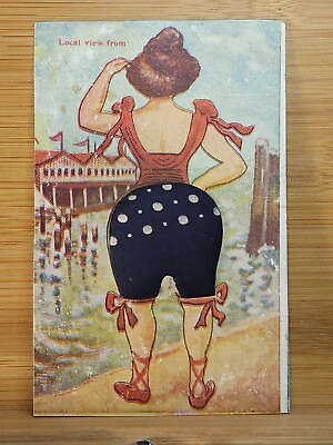 #ad #ad 1910s Pincushion WOMAN ON BEACH Fabric Bathing Suit RISQUE Local View UNPOSTED