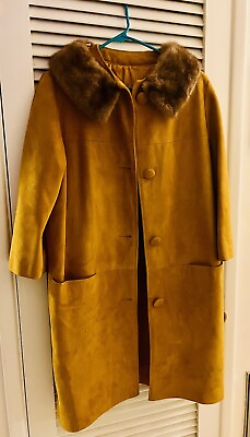 #ad VTG 60#x27;s Gold SUEDE Coat with Fur Collar No Size Or Label But Fits M L