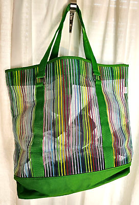 #ad NWOT Rainbow Striped GREEN MESH BEACH TOTE Shoulder Bag Travel Carry On Shopping