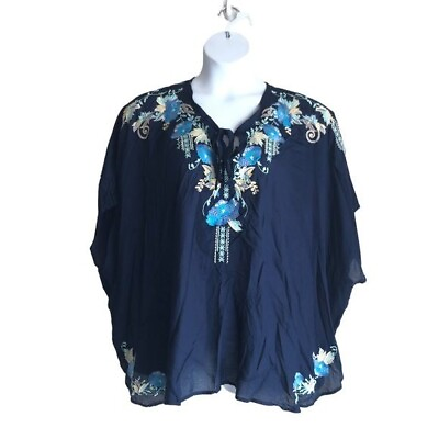 #ad Reba Women#x27;s Blouse Plus 2X Floral Embroidered Poncho Bat Sleeve 100% Rayon