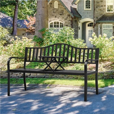 #ad Patio Park Garden Bench Outdoor Metal Bench with Pullout Adjustable Middle Table