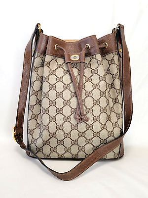 #ad GUCCI Shoulder Bag Drawstring Bucket GG Sherry Line Vintage PVC Leather Brown