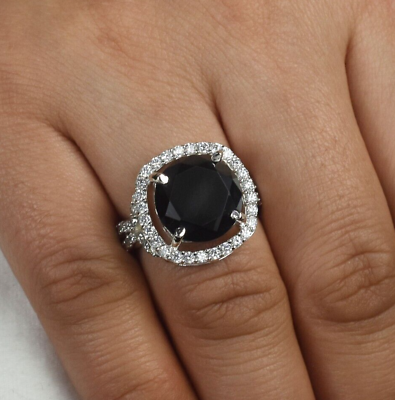 #ad Certified 7.70Ct Stunning Brilliant Cut Black Diamond Ring 925 Silver