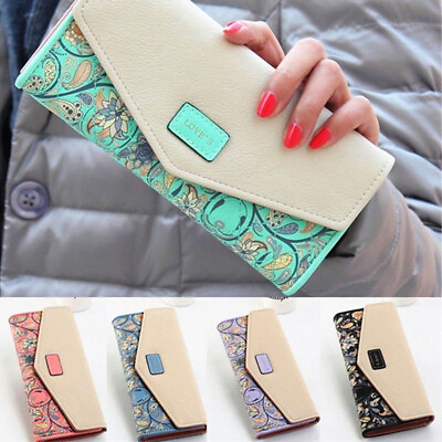 #ad Women Long Clutch Tri fold Card Holder Purse Floral Envelope PU Leather Wallet