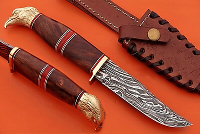 #ad 10quot; custom skinning knife with eagle pomel trailing point blade Leather sheath