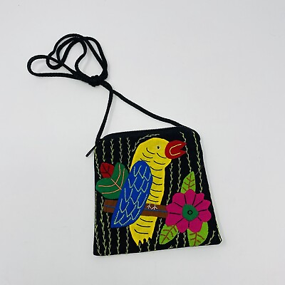 Mola Black Crossbody Small Purse With Bird Colorful Bohemian Wallet $11.69