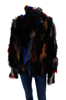 #ad Designer Womens Fox Fur Hook Closure Jacket Multi Colored Size Small