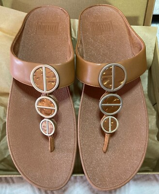 #ad Fitflop Women#x27;s Halo Metallic Trim Toe Post Sandals Size 11 Light Tan