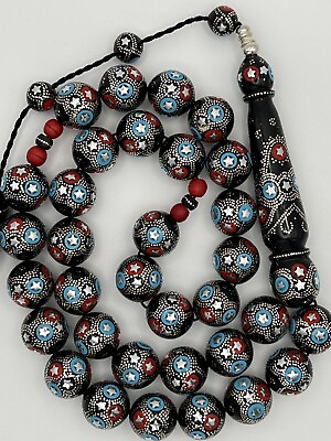 #ad Black Coral Yusr Prayer Beads Inlaid Silver 925 Red Coral And Turquoise سبحة يسر