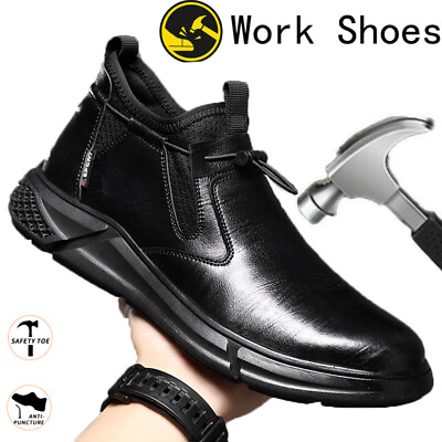 #ad Leather Safety Shoes Mens Steel Toe Sneakers Waterproof Boots Anti smash Black