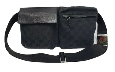 #ad Vintage Authentic Gucci Black GG Canvas amp; Black Leather Waist Belt Pouch Bag