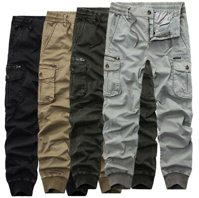 #ad New Men#x27;s Cotton Multiple pockets Pants Spring Fall Casual Cargo Long Trousers