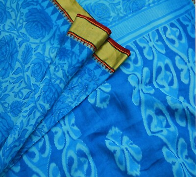 #ad Vintage Blue Saree Woven Printed Pure Cotton Indian Sari Craft Soft Fabric 5Yard
