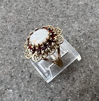 #ad Vintage 10K Yellow Gold Opal amp; Garnet Halo Cocktail Ring