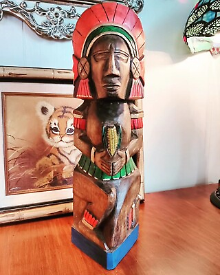 #ad Vintage Large 15quot; Wooden Mayan Aztec Hand Carved Painted Totem Pole Figurine