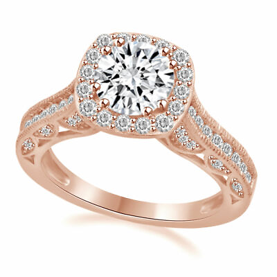 #ad 10K Rose Gold Halo Engagement Promise Ring Round Cubic Zirconia