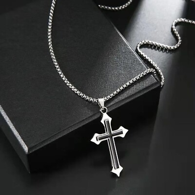#ad Men#x27;s Silver Black Double Layer Cross Pendant Christian Necklace Box Chain 24