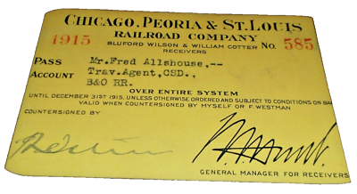 #ad 1915 CHICAGO PEORIA amp; ST. LOUIS RAILROAD EMPLOYEE PASS