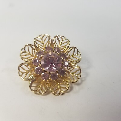 #ad Vintage Gold Tone Flower Brooch w Cutout Filigree Design amp; Purple Rhinestones