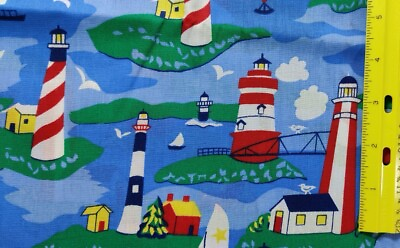 #ad #ad 2Y Vintage Lighthouse Beach Fabric Lot Quilting Crafts Nautical Blue Coastal