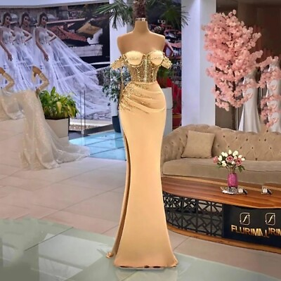 #ad Off Shoulder Sleeveless High Split Prom Gowns Sexy Satin Mermaid Backless Dress