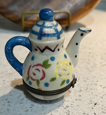#ad Beautiful Hand painted Miniature Tea Pot. Hinged Trinket Box.