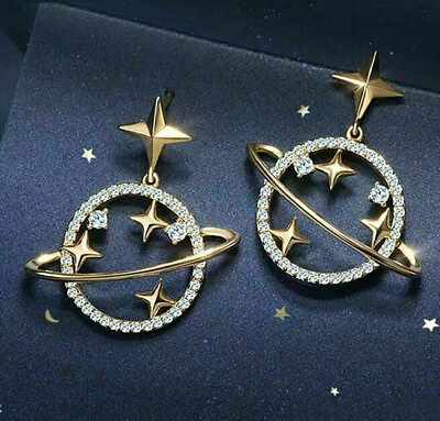 #ad Cosmic Saturn PLANET Gold STAR Rhinestone Dangle Betsey Johnson Earrings