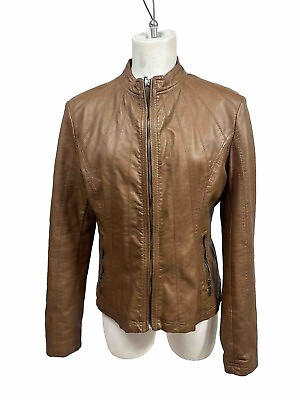 #ad MADE BY JOHNNY WOMENS BIKER JACKET ZIP UP LEATHER COLOR BROWN SIZE L