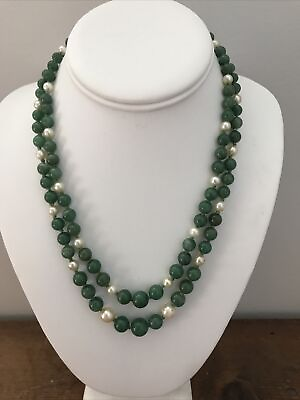 #ad Vintage Jade amp; Faux Pearl Double Strand Hand Knotted Graduated Bead Necklace 18quot;