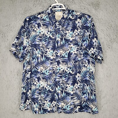 #ad Tasso Elba Mens XL Button Up Silk Linen Hawaiian Short Sleeve Causal Floral Blue