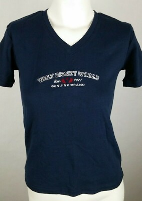 #ad DISNEY Women#x27;s T Shirt Sz Small Navy Blue V Neck Walt Disney World 1971 S