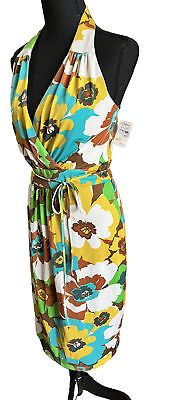 #ad Vintage David Meister Halter Dress Size 12 Brown Aqua Floral Sexy Orig $315 NWT