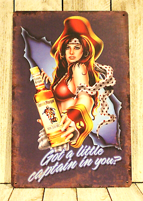 #ad Captain Morgan Tin Metal Sign Poster Pinup Girl Spiced Rum Vintage Look Bar xz