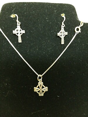 #ad .925 Sterling Celtic Theme Pendant And Celtic Cross Earring Set With 16quot; Chain