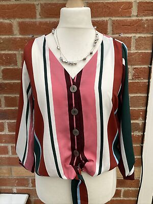#ad BNWT Ladies George Size 10 Green Pink Striped Blouse Top Holiday S10
