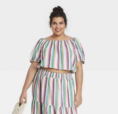 #ad Ava amp; Viv Linen Blend Crop Top Striped Puff Sleeve Shirt Blouse Plus Size 1X