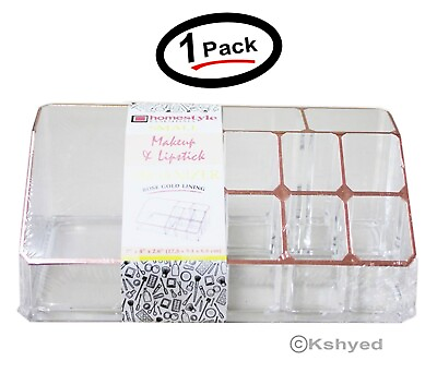 9 Compartment Makeup and Lipstick Crystal Clear Organizer With Rose Gold Lining $11.98