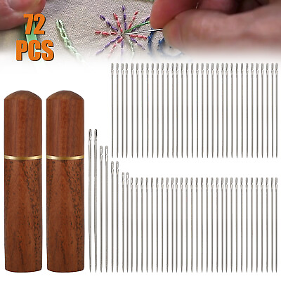 #ad 72Pcs Stainless Steel Self threading Needles Opening Sewing Darning Multi Sizes