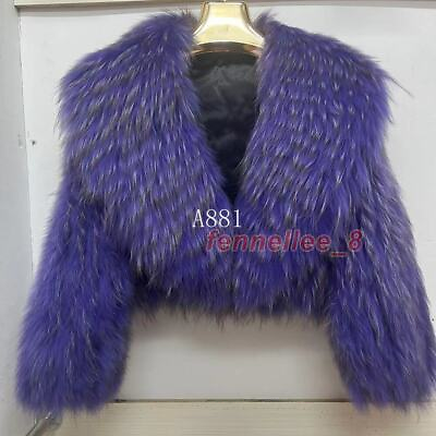 #ad Luxury Womens Real Raccoon Fur Lapel Collar Fluffy Winter Jacket Warm Peacoar
